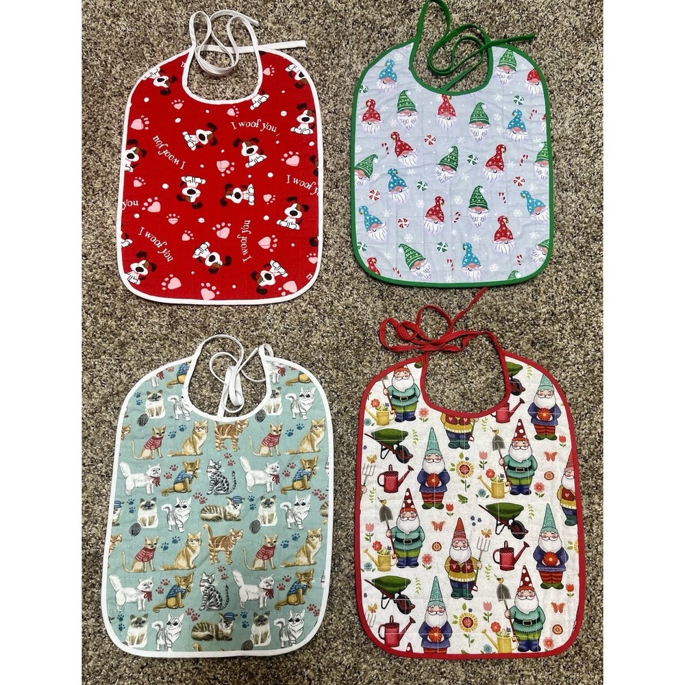 Handmade Baby Bibs Lot 4 Quilted Cotton Dog Cats Garden Gnomes‎ Christmas
